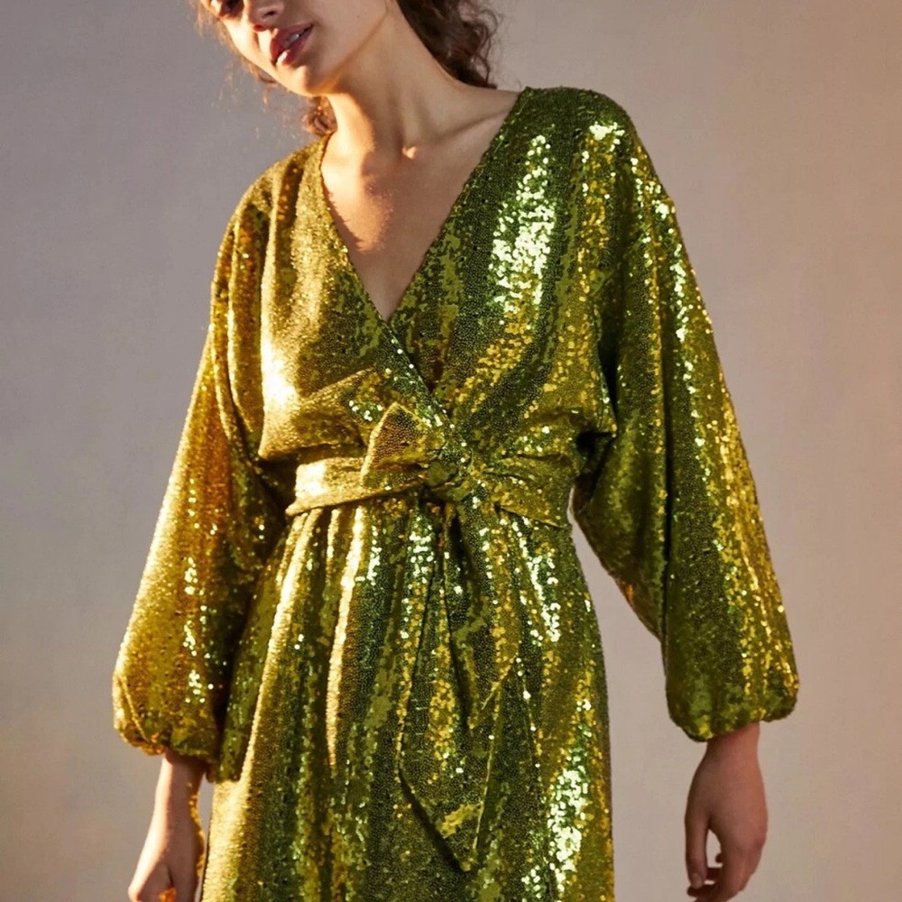 Anthropologie Olive Green Sequin Long Sleeve Wrap Dress